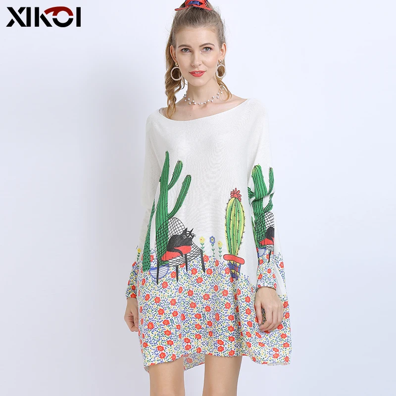 XIKOI Wool Oversized Sweater For Women Winter Long Pullover Dress Fashion Cactus Print Jumper Casual Knitted Sweater Pull Femme