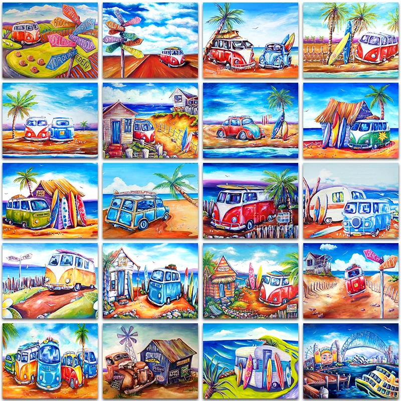 5D DIY Diamond Painting Kit Paint Color Red VW car bus Autos Sea landscape Full Square&Round embroidery mosaic Cross stitch Sale