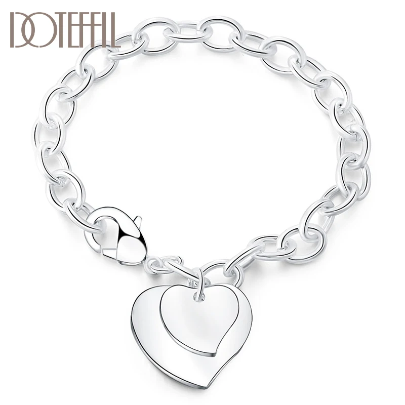 DOTEFFIL 925 Sterling Silver Double Heart Chain Bracelet For Women Wedding Engagement Party Fashion Jewelry