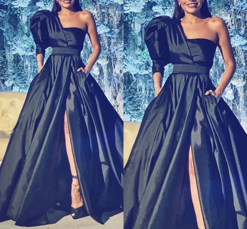 Schwarz Split Vorne frauen Abendkleid 2021 Schulter Halbe Hülse Taft Prom Night Party Kleid Roben De Soirée