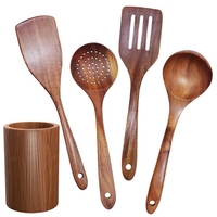 Wooden Tableware,Teak Kitchen Cooking Tableware Set With Stand, Suitable For Non-Stick Cookware,Wooden Shovel Spoon Cooking 5Pcs