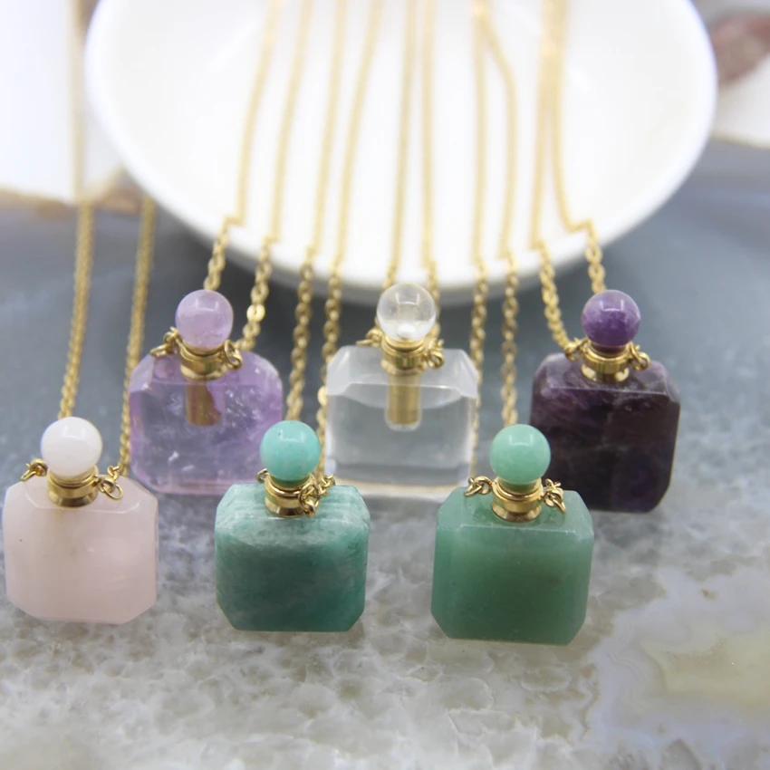 Natural Amazonite/Green Aventurine/Amethysts Perfume Bottle Pendant,Rectangle Rose/White Quartz Essential Oil Bottles Necklace