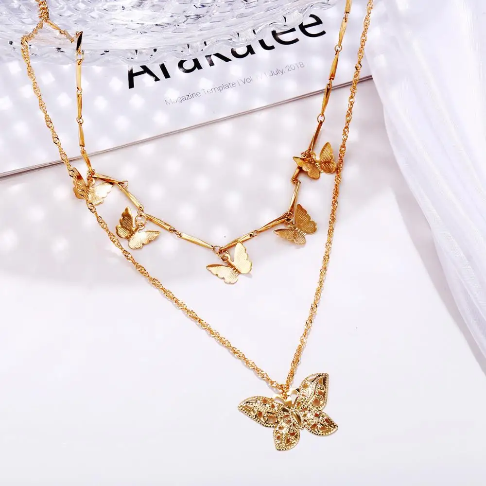 Sequin Star Butterfly Drop Necklace Double Layer Clavicle Chain For Women Butterfly Rhinestone Pendant Necklace Jewelry gift