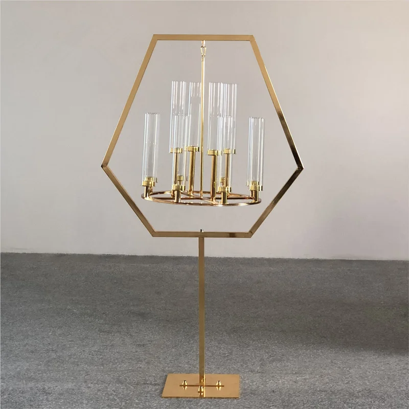 5pcs)Special Design Luxury Hexagon Gold Metal Crystal hanging Candelabras For Wedding Centerpiece AB0011