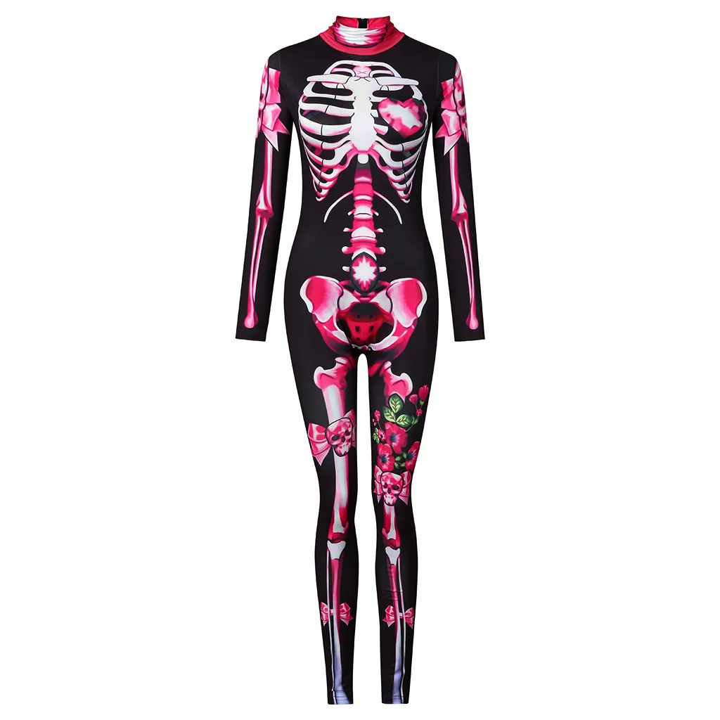 ฮาโลวีน Masquerade น่ากลัว Rose Skeleton Cosplay Jumpsuit ผู้หญิงแขนยาว3D โครงกระดูกมนุษย์พิมพ์ Bodysuit Rompers C38X33