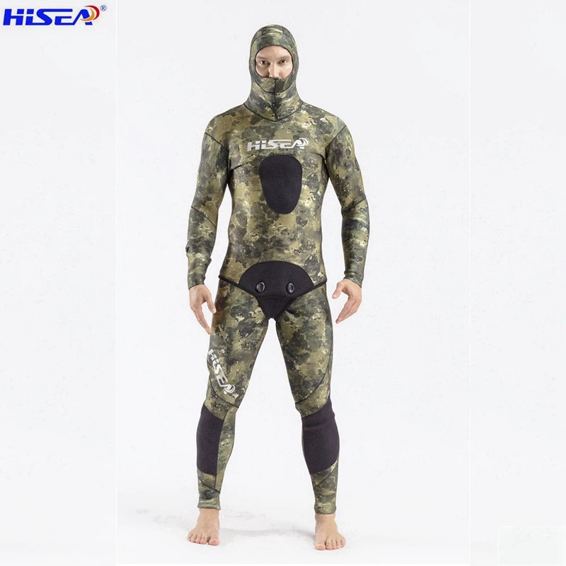 

Hisea Men 7MM YAMAMOTO Neoprene Wetsuit Spearfishing Open Cell Hoodie Camo Sealed Two Piece Diving Suit Imitation Skin Lining