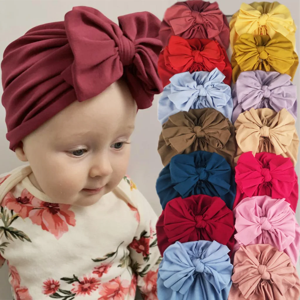 0-3T Solid Baby Cotton Beanies Cute Bear Ear Bowknot Turban Hats Sweet Soft Elastic Caps for Newborn Baby Boy Girls Headwraps