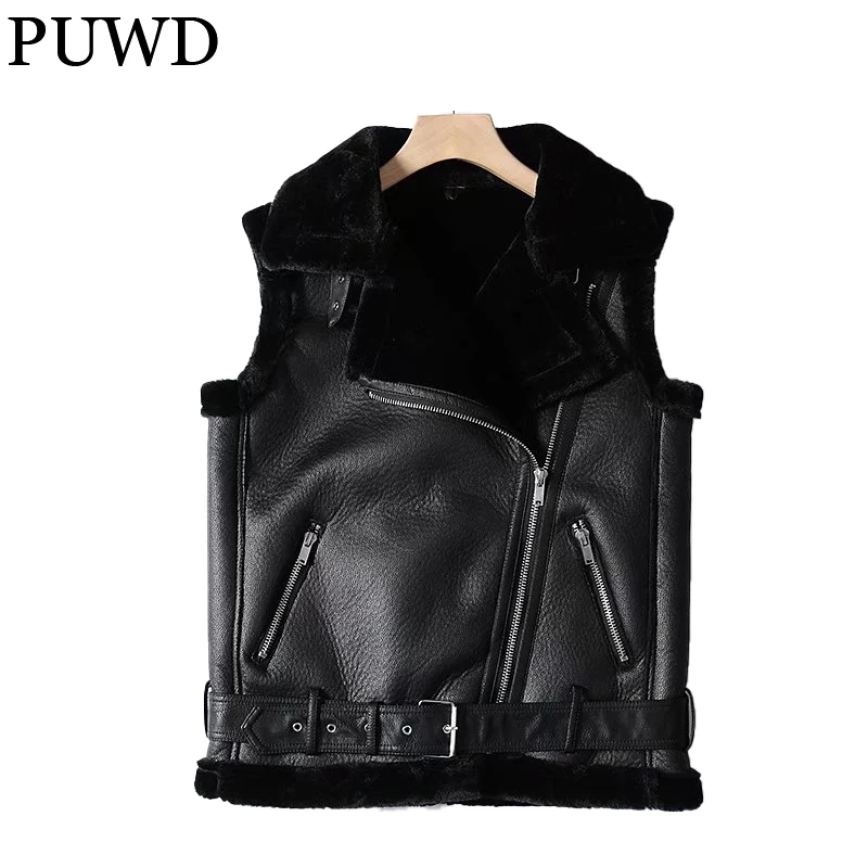 PUWD Warm Women Faux Fur Vest Jacket 2021 Winter Leisure Street Zipper Solid Comfortable Trend Loose Retro Female Thick Outwear