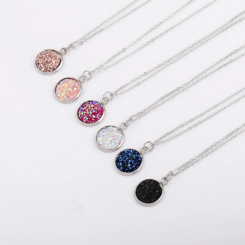 12mm Druzy Drusy pendant Necklaces Jewelry Resin Cabochon Stainless steel Pendant Chain for Women Girl Jewelry Gift
