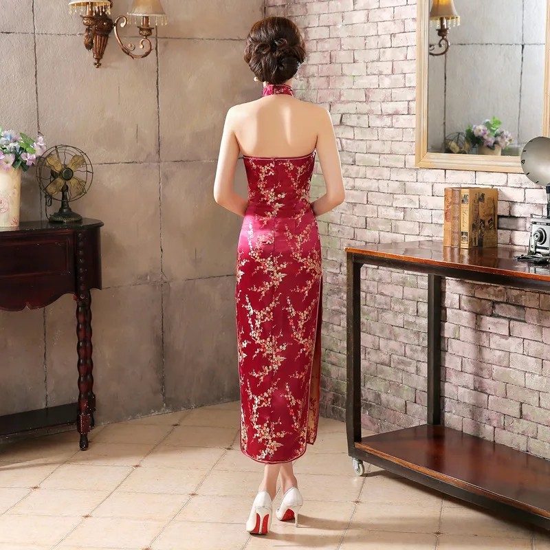 Çin ulusal uzun Cheongsam erik saten Vintage kostüm boyundan bağlamalı elbise sosyetik zarif kadın elbiseler Qipao