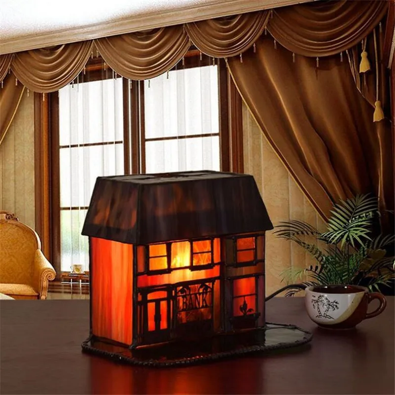 

Creative Led Night Light Tiffany Vintage Glass House Wedding Table Lamp Kid's Room Bedside Foyer Small Desk Night Light 1233