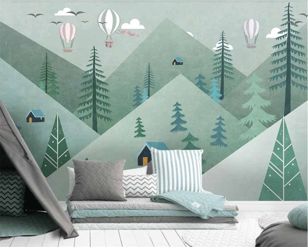 beibehang Custom modern fresh light simple cute geometric mountain forest balloon children's room background 3d wallpaper