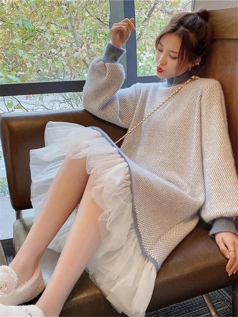 Vintage Plaid Knitted Sweater Dress For Fall And Winter Long Korean Women Gauze Stitching Hem Mink Velvet Warm Pullover M1157