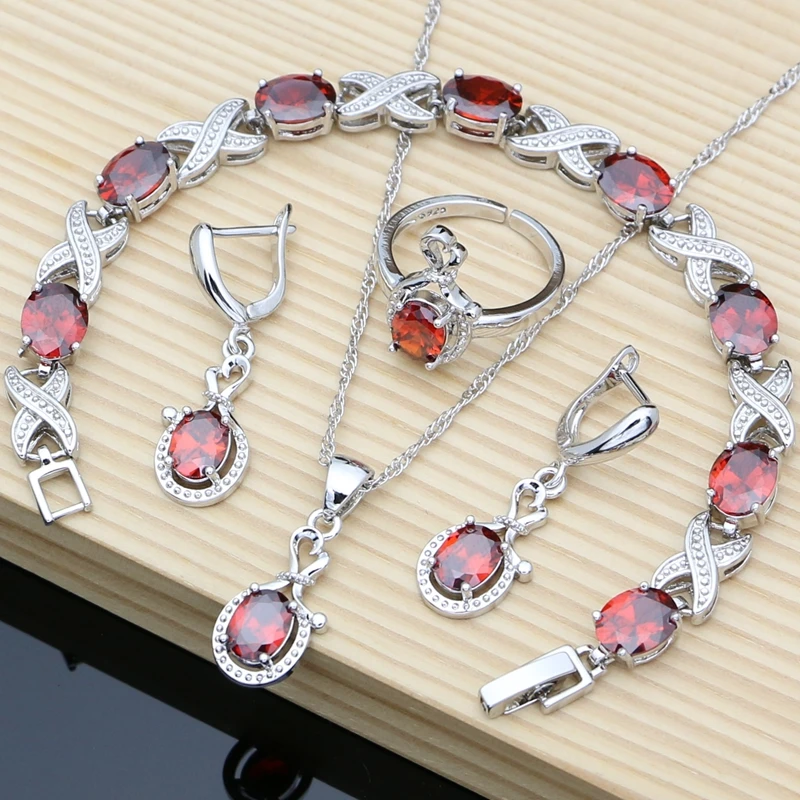 Women Fashion Party Silver 925 Jewelry Sets  Red Garnet White Toapz Brithstone Long Earrings Bracelet Open Ring Necklace Sets