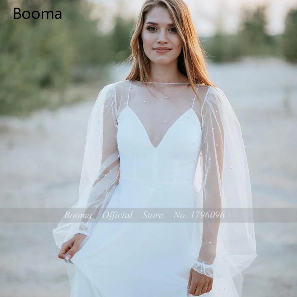 Vestidos de novia con perlas de marfil para mujer, vestidos de novia con cuello en V, mangas largas abullonadas, Espalda descubierta, tirantes finos, línea A, vestidos de novia de tul