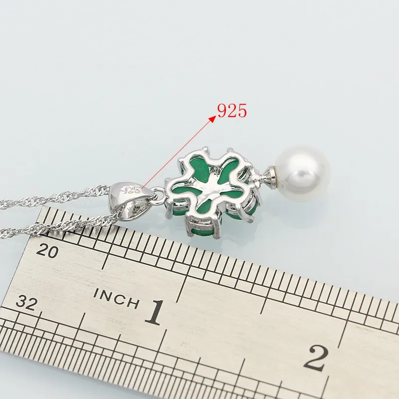 925 Sterling Silver Jewelry Green Created Emerald White Pearls Jewelry Sets For Women Anniversary Earrings/Pendant/Necklace/Ring