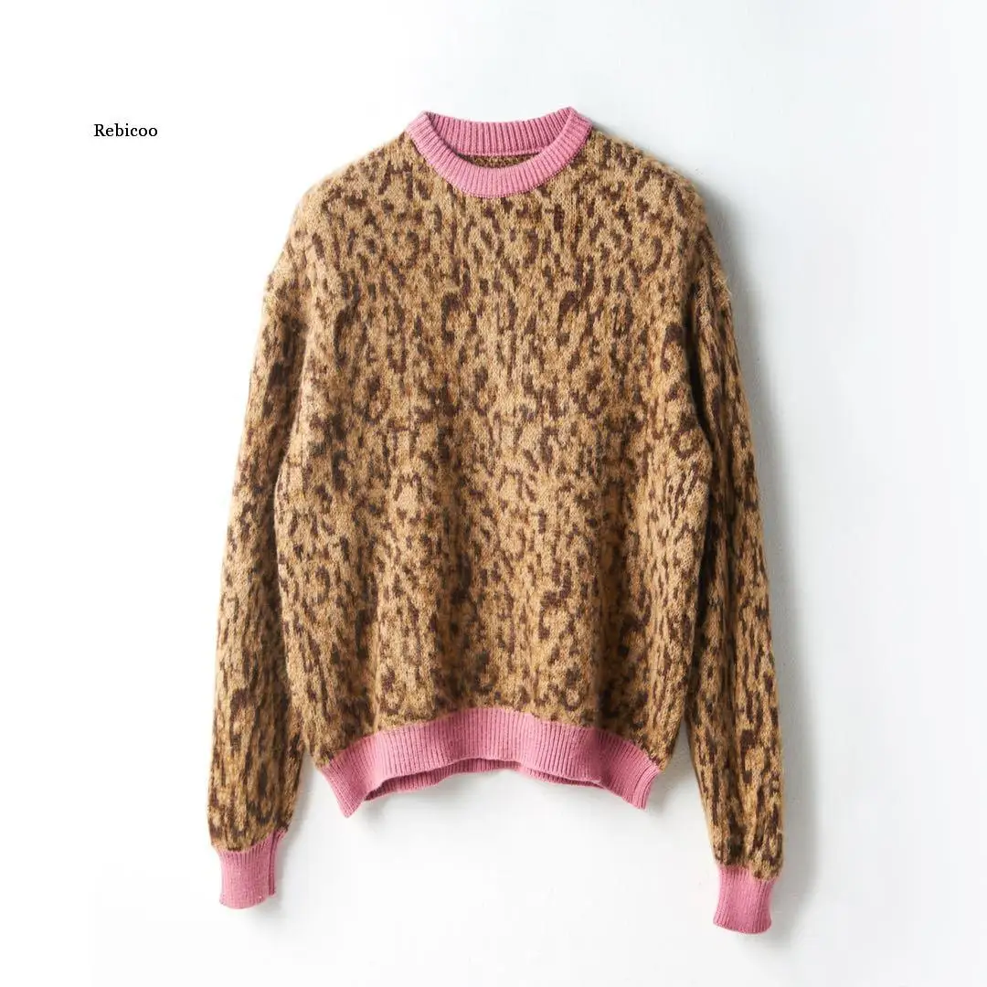 

Fashion Korean Version Women Leopard Print Loose Knitted Sweater Vintage Long Sleeve Female Pullovers Chic Tops