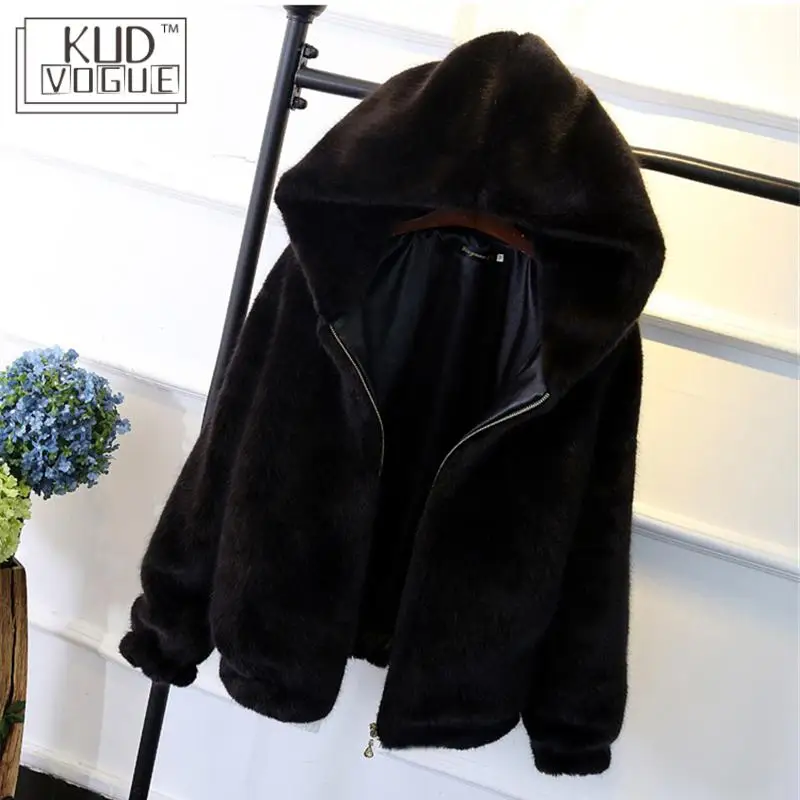 Winter Warm New Faux Mink Casual Women Faux Fur Coat Hooded Furry Fake Rabbit Fur Ladies Jacket Zipper Pink Outwear Plus Size