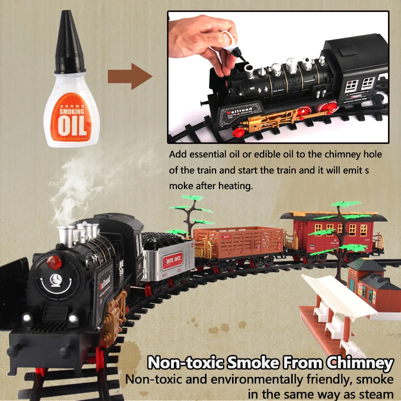 120CM Simulation Remote Control Steam Train 666CM Track DIY Assembly Whistle Sound Effect Smoking Chimney Railway Model RC Toys