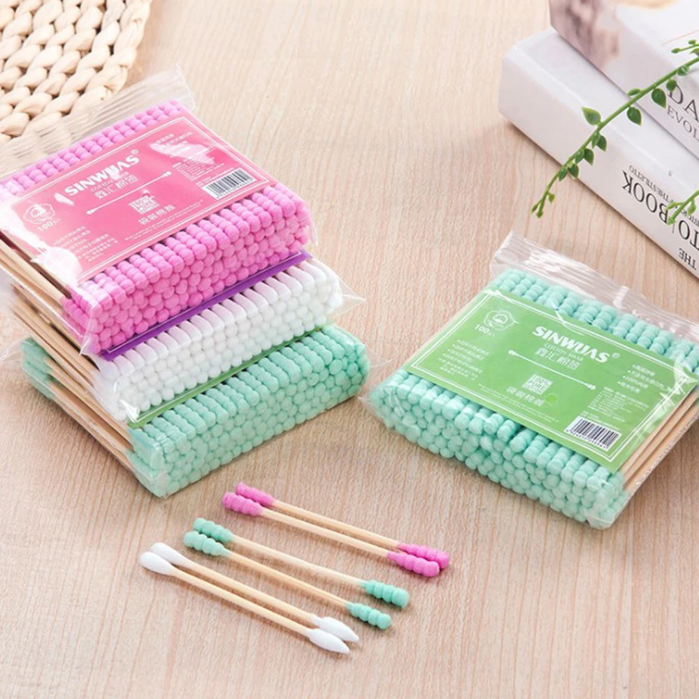 100PCS/Pack Double Head Cotton Swab Women Makeup Buds Tip For Medical Wood Sticks Nose Ears Cleaning Tools