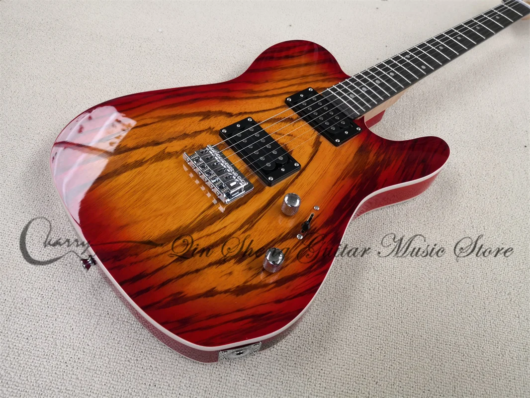 Pre-customized 6 Strings Electric Guitar,Tel guitar,cherry sunburst body,Zebra wood veneer,HH pickups,fixed bridge,chrome button