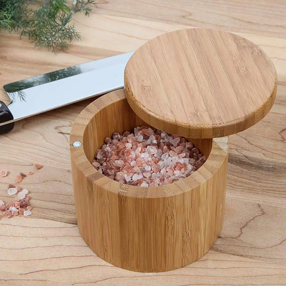 Słoik na przyprawy drewniany okrągły naturalny bambus pojemnik na sól pojemnik nowoczesny futerał do przechowywania kuchni z pokrywką magnetyczną zioła i przyprawy narzędzia