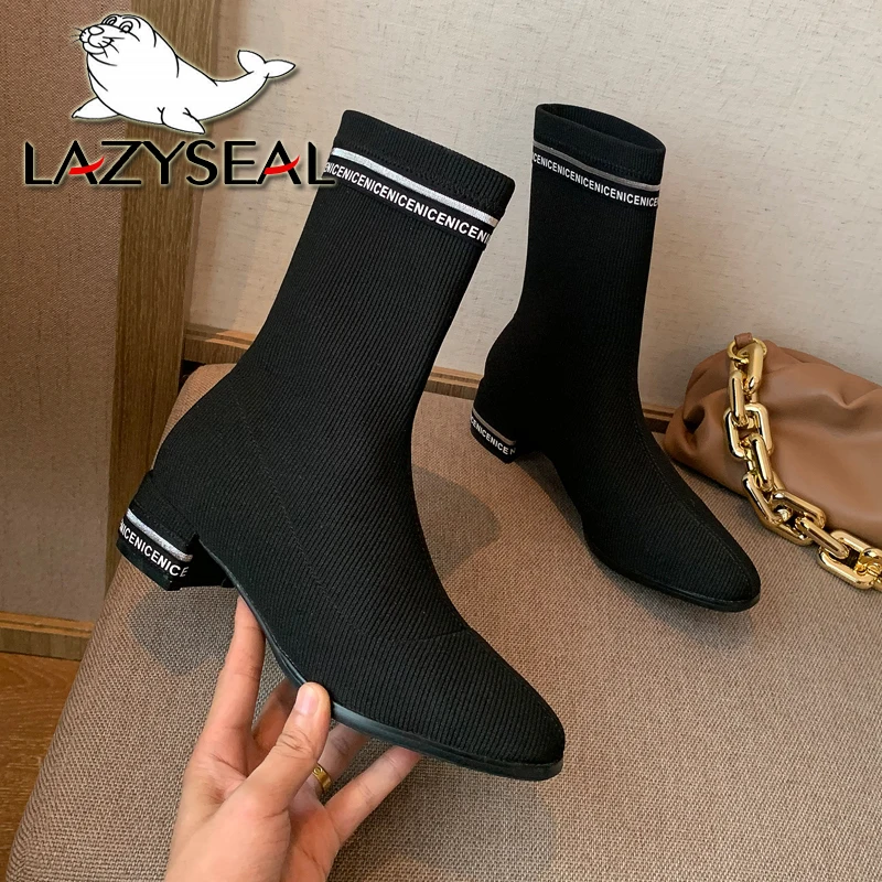 LazySeal Stretch Fabric Socks Boots Women Shoes Mid-Calf Square Heels Riband Leters Breathtable Sock Shoe Motorcycle Boots