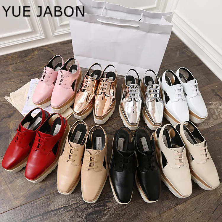 YUE JABON White Flat Platform Women Casual Shoes Thick sole Lace Up High heel Wedge Shoes Woman Solid Square Toe Shoes Sandals