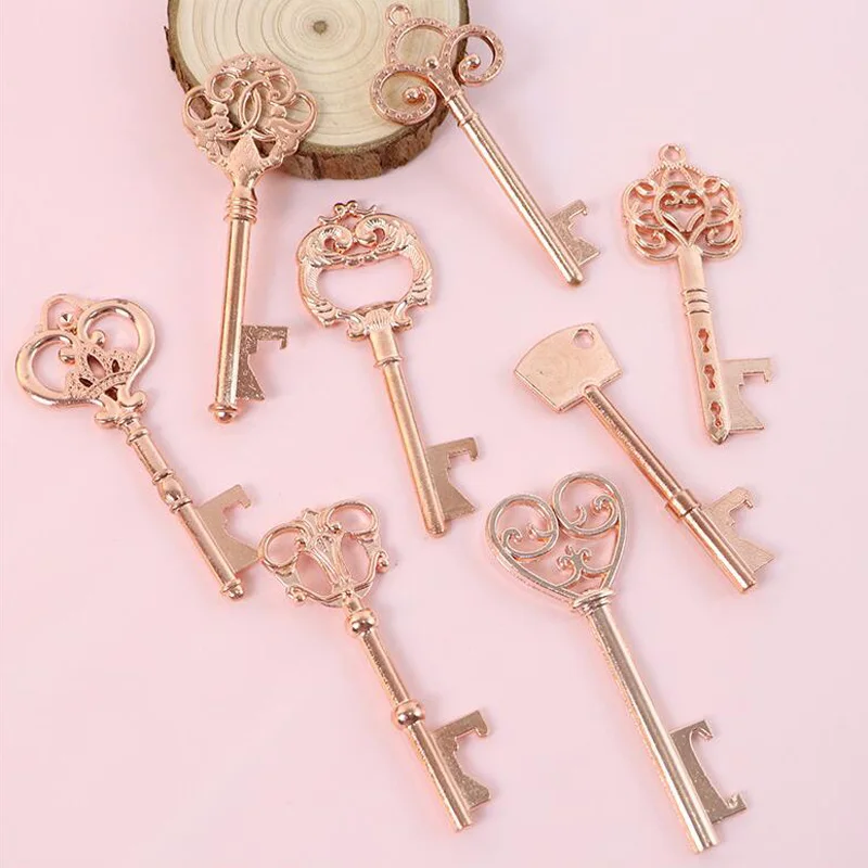 200Pcs/Lot Rose Gold Portable Key Shape Bottle Opener Keychain Metal Beer Opener For Party Tool Kitchen Accessories