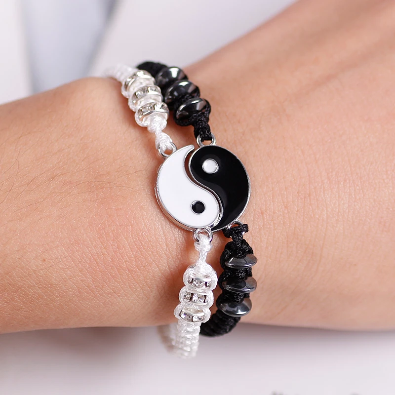 Couple Bracelets Hematite Leather Cord Braid Chain Bracelet Chinese Tai Chi Alloy Pendant Two-Piece Woven Lover Bracelet Gift
