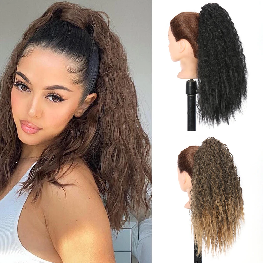 

AZIR 18'' Synthetic Natural Drawstring Ponytail Extensions Wavy Short Afro Ponytails Brown Hairpiece Ponytail Tails For Women