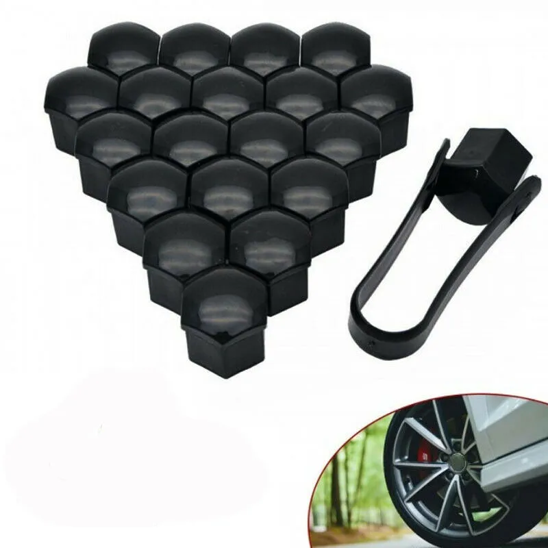 ABS Plastic Removal Tool 17mm GLOSS BLACK ALLOY WHEEL NUT BOLT COVERS CAP UNIVERSAL SET FOR ANY CAR