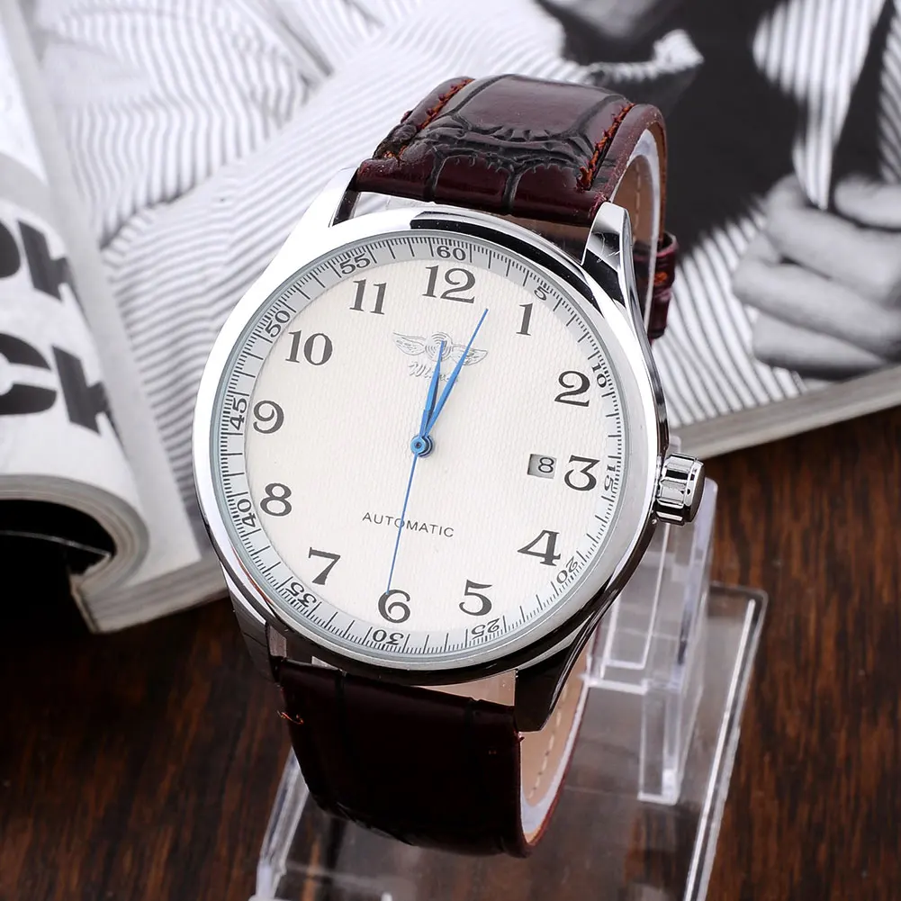 Klassiek heren automatisch mechanisch horloge Classy skelet witte wijzerplaat bruine lederen band zelfopwindende mannelijke polshorloge klok