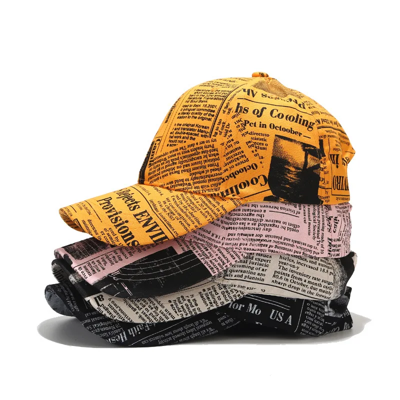 Retro Newspaper Pattern Baseball Cap For Men Women Hat Yellow Graffiti Hip Hop Caps Gorras Hombre Chapeau Femme Hats