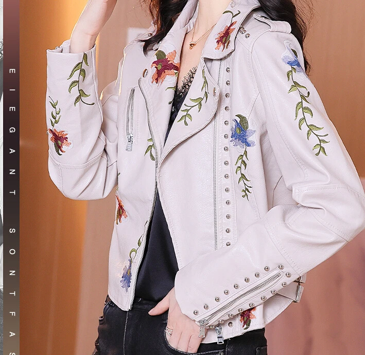 TEELYNN Boho Biker moto Jackets Long Sleeve Leather Crop Jacket For Women Coat White Floral Embroidery Vintage Rivet Zipper Tops