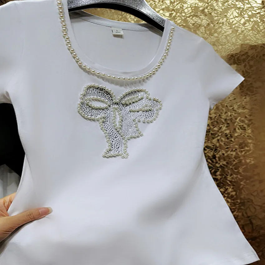 

9XL!Shiny Crystal Rhinestone Beaded t-shirt women summer short sleeve Cotton Top tees