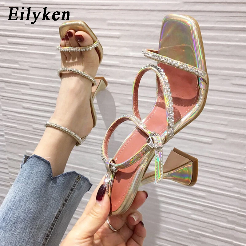 Eilyken Design Square Toe Woman Sandals Fashion Crystal Diamond PU Leather Ankle Buckle Strap Strange High Heels Summer Shoe