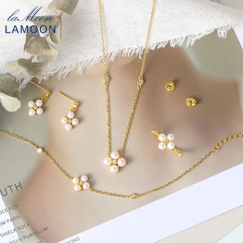 LAMOON S925 Silver Pearl Jewelry Set For Women Natural Freshwater Pearl 14K Gold Plated Wedding Engagement Fine Jewelry V073