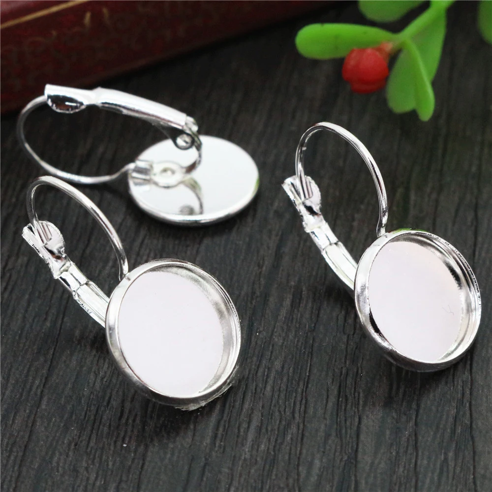 12mm 10pcs Light Silver Plaqué Français Levier Arrière Boucles d'Oreilles Blanc/Base,Fit 12mm Cabochons en Verre, lèvent; Boucles d'Oreilles Bezels (L3-14)