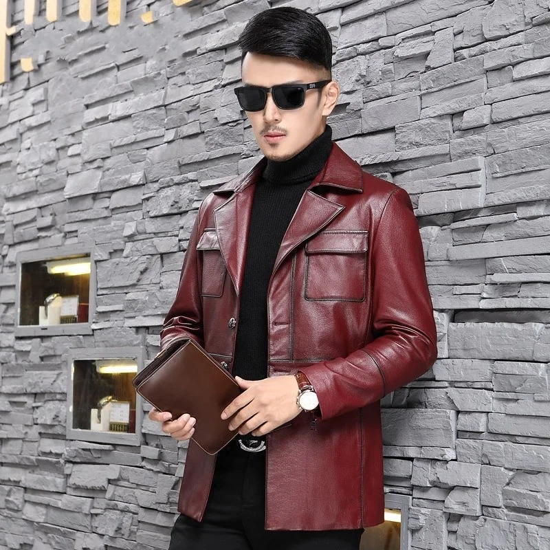 Men Luxury Genuine Leather Windbreaker Lapel Business Medium-Long Coat Designer Single Breasted Slim Casual Blazer Oversize 4XL