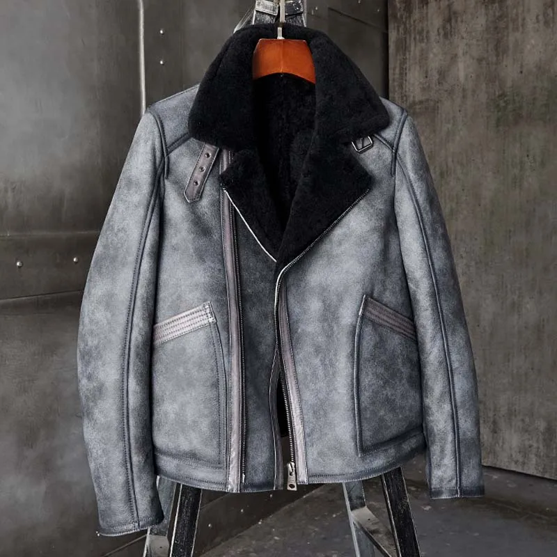 Denny&Dora New Mens B3 Shearling Coat Grey Flight Leather Jacket Short Fur Overcoat Fashion Motorcycle Outwear