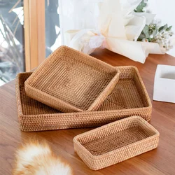 Handwoven Rattan Storage Basket Square Wicker Tray Picnic Basket Bread Food Plate Fruit Cake Sundries Box Kitchen Decoration