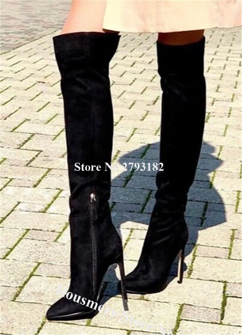 

Women Elegant Fashion Pointed Toe Suede Leather Stiletto Heel Knee High Boots Black Long High Heel Boots Dress Heels Shoes