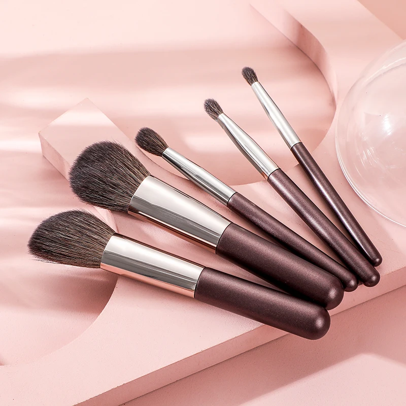 5pcs makeup brush set with storage case new style small goat hair matte black wooden handle double-end portable makeup brush