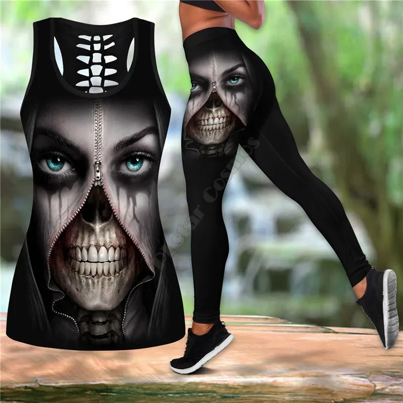 Skull Combo Outfit Leggings and Hollow out Tank Top Suit Yoga Fitness Soft Legging Summer Women For Girl 02