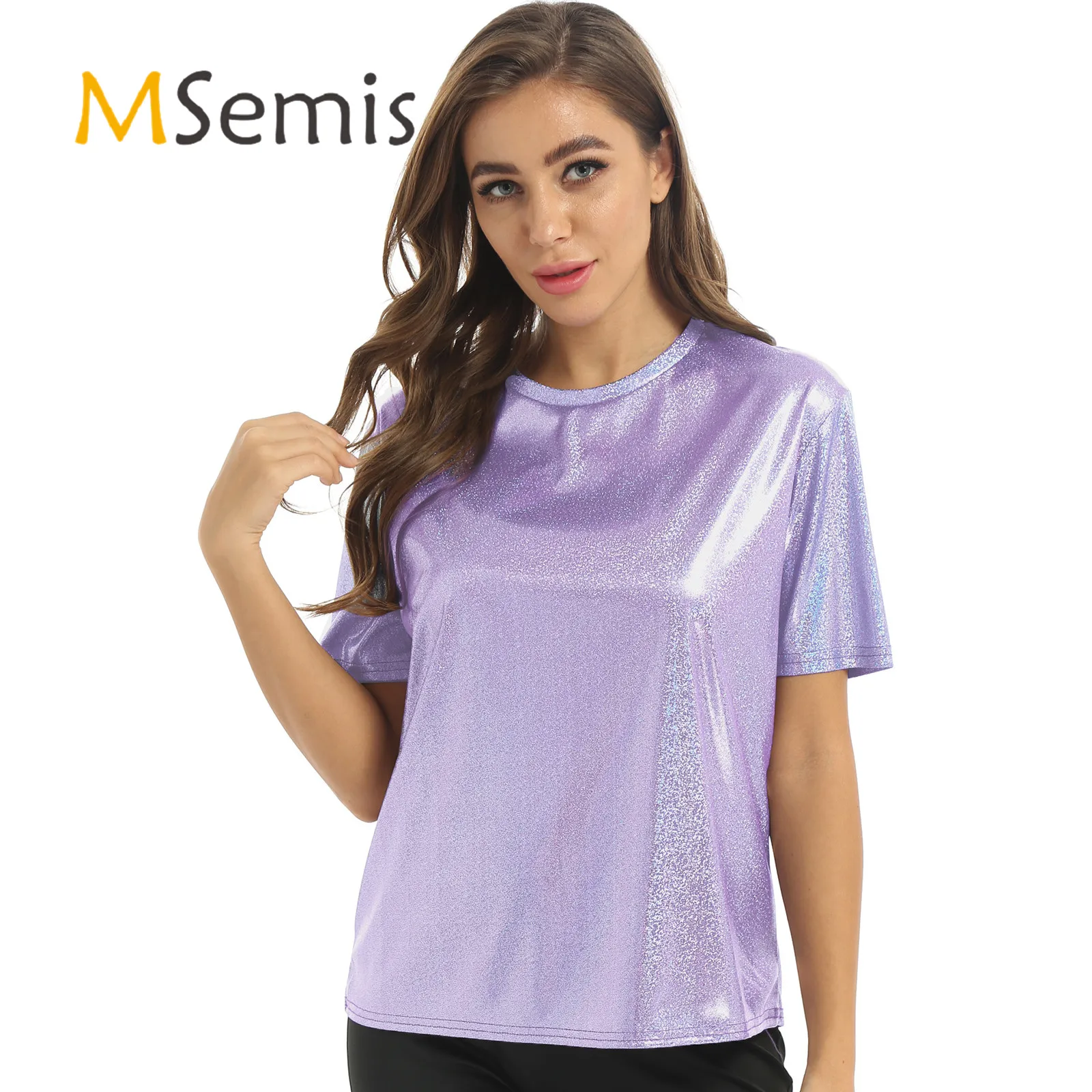 Womens Fashion Shiny Short Sleeve T-Shirt Casual Sparkling Round Neck Tops Pole Dance Costune Rave Party Clubwear