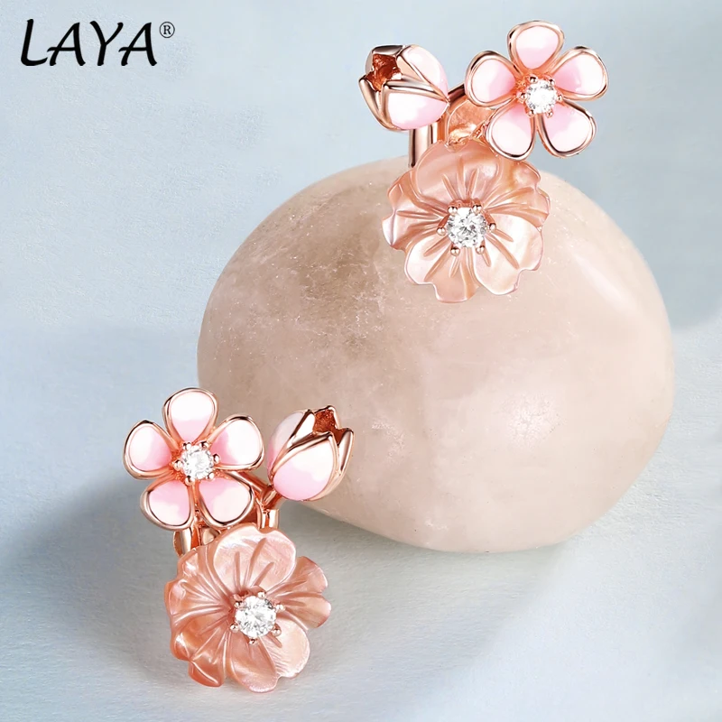 LAYA 925 Sterling Silver Shining Zircon White Pink Flower Green Leaf Enamel Necklace Earrings Ring For Bridal Wedding Jewelry
