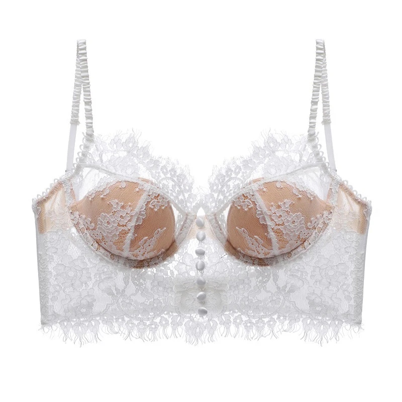 Fashion White Underwear Top Sexy Eyelash Lace Bra Ultra-Thin Padded Underwire Push Up Bras For Women Embroidery Female Lingerie