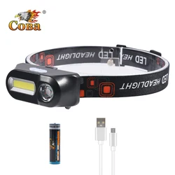 Coba Led Portable Headlamp COB Strobe Headlight 6 Modes 2 Switch USB Rechargeable 18650 Battery Portable Hiking Running