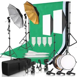 Fotografie Fotostudio Softbox Verlichtingsset Met 2.6x3M Achtergrondframe 3 stks Achtergronden Statief Reflectorbord 4 Paraplu